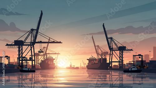 Dynamic industrial harbor scene at sunset, featuring towering gantry cranes and cargo ships against a radiant sky, reflecting the vital flow of international trade and maritime logistics