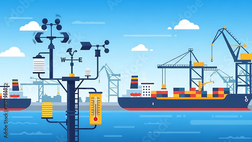 Navigating Global Trade An Illustrated Concept of Port Logistics, Container Shipping, and Crucial Weather Monitoring for Maritime Operations