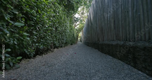 Narrow path for walk surrounded by tropical bushes and wooden fence. Gimbal shot. 