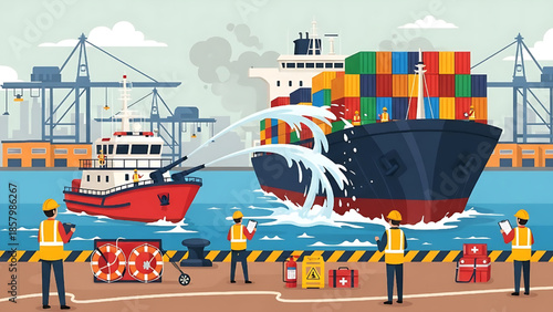 Maritime Logistics and Safety A Busy Port with Cargo Ships and Firefighting Efforts