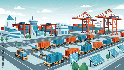 Modern Logistics Hub with Trucks, Containers, Cranes, and Solar Panels for Sustainable Freight Transportation