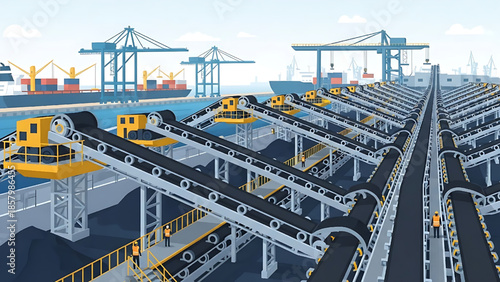 Vibrant illustration of a modern industrial port, highlighting complex conveyor belt systems transporting bulk materials for efficient global shipping and logistics