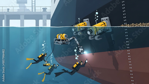 Expert divers and cutting-edge robotic systems collaborating on a vital underwater inspection of a large ship's hull near a harbor, ensuring maritime safety