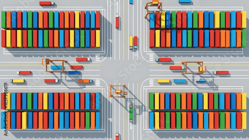 Aerial view of a busy port with rows of colorful shipping containers and trucks moving cargo