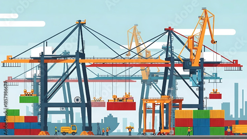Industrial harbor cranes loading cargo containers onto ships at a busy port
