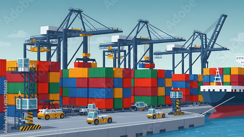 Vibrant cartoon illustration of a busy cargo port with container ships, stacked containers, and gantry cranes, depicting global logistics and international trade operations