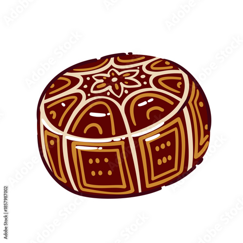 Moroccan leather pouf ottoman with traditional geometric ornament, round floor cushion, ethnic home decor element, cultural travel symbol, cartoon flat style, vector illustration.