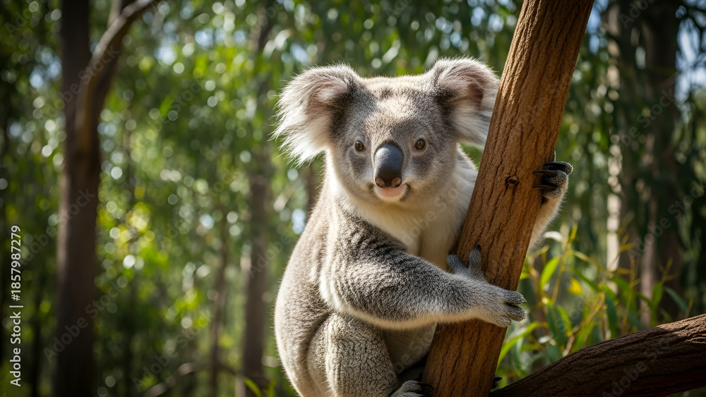 Fototapeta premium A koala hugging a tree trunk in an Australian eucalyptus forest, a natural, cute, and iconic wildlife portrait.
