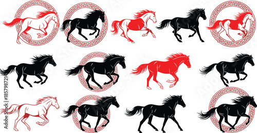  Collection of galloping horse silhouettes in black and red featuring powerful stallions in motion and decorative Greek fret circular emblems,