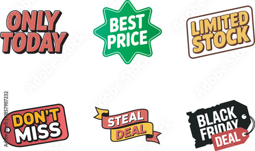 A collection of six high-impact promotional stickers for sales and limited time deals