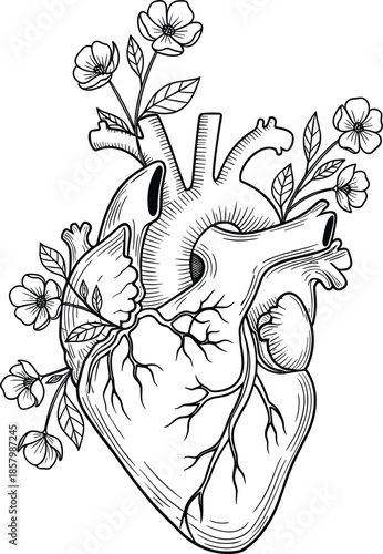  Detailed black line art illustration of an anatomical human heart with blooming flowers and decorative leaves isolated on white background,