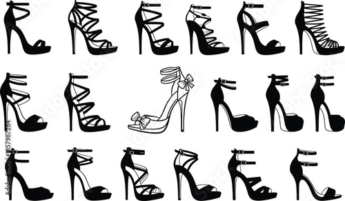  High heel women shoes silhouette collection, elegant strappy platform stilettos fashion illustration set, luxury footwear icons for design, branding, and editorial use