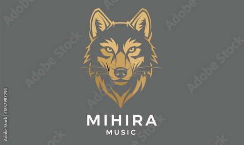  Gold wolf head logo for Mihira Music featuring a powerful canine mascot with intense eyes isolated on gray background vector,
