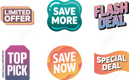 A set of colorful vector promotional labels including limited offer, save more, and special deal