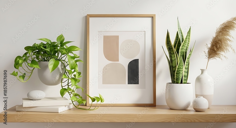 Fototapeta premium Stylish wooden shelf featuring lush green houseplants, a contemporary abstract artwork, and decorative elements, creating a clean, inviting, and minimalist home interior design