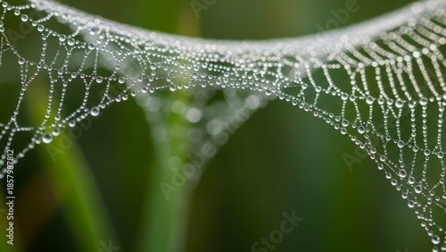Close up of a spider web covered in dew drops glistening in the morning light.