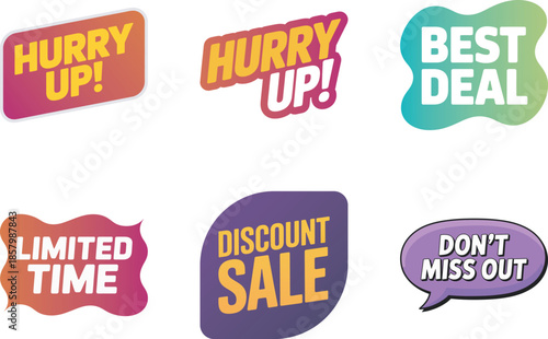 Collection of colorful promotional offer stickers with text like hurry up and best deal