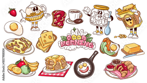Groovy breakfast food mascot set with pancakes, waffles, toast, croissant, tea, coffee, fruit, eggs and cereal in cute cartoon outline style. Colorful morning elements, detailed vector illustration.