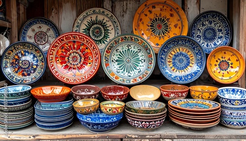 A vibrant display of colorful ceramic plates and bowls. Various sizes and patterns are organized on wooden shelves