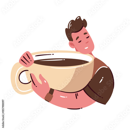Huge coffee cup hugged by relaxed man in simple cartoon doodle style with warm cozy vibe. Vector illustration showing an oversized coffee cup repeated as playful big coffee mug accent.