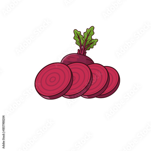 Flat vector illustration of whole and sliced beetroot, isolated on a pure white background, representing fresh vegetables, healthy ingredients, and agricultural food products.
