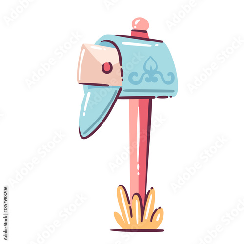 Mail delivery mailbox with open envelope, postal communication concept, receiving letters and parcels, shipping notification symbol, flat cartoon doodle style, vector illustration