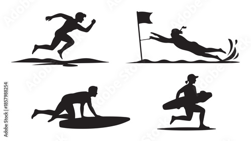 Dynamic Beach Sports Silhouettes in Monochrome Vector Illustration for Summer Activity Promotion