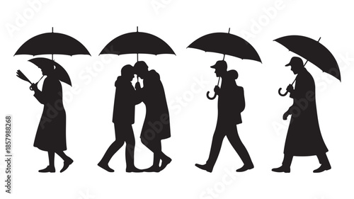 People with Umbrellas Minimalist Vector Illustration in Black Silhouettes on White Background for Rainy Weather Graphics.