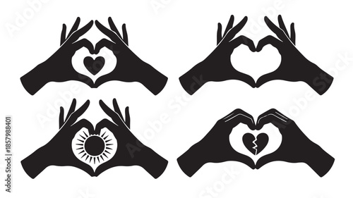 Human hands forming heart shapes with diverse emotional symbols in a symbolic graphic black silhouette vector illustration for love and relationship concepts.
