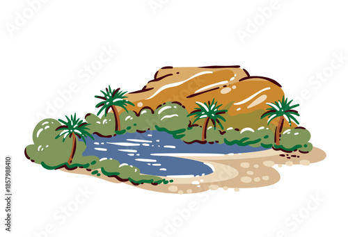 Moroccan desert oasis with palm trees, water pond and sandy hills. North Africa landscape inspired by travel and nature themes, warm earthy colors, cartoon doodle style, vector illustration.