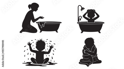 Child bath routine with caring mother and playful baby in black and white vector illustration for parenting guide.