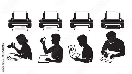 Office workers and printers in a minimalist black and white vector illustration for document management and business processes.