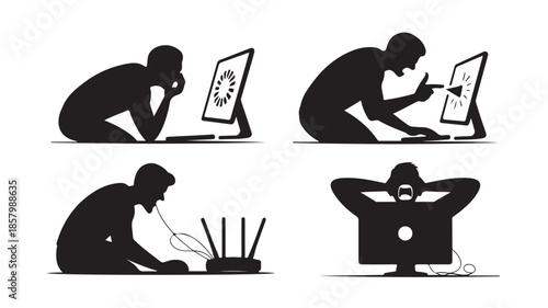 Digital frustration and internet issues in a stressed modern black and white silhouette vector illustration for technology support and user experience design.
