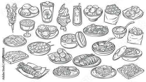Hong Kong street food outline set with iconic local snacks fish balls, pineapple buns, egg waffles, mochi, and fried squid. Outline monochrome vector illustration for menu design, or packaging