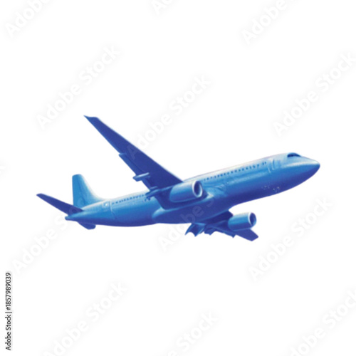 A blue commercial airplane in flight viewed from below against a clear sky