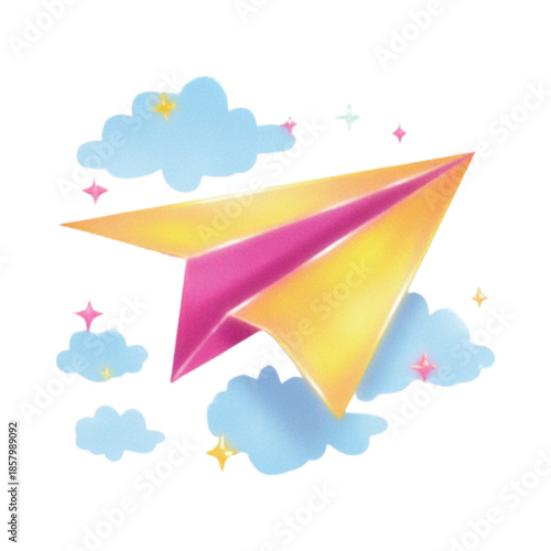 Vibrant Paper Plane Soaring Through Cloudy Sky