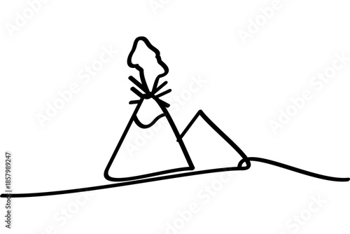 Illustration of a continuous line design on an erupting volcano icon. An interesting abstract line art design.