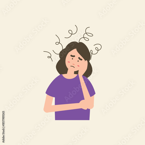 Flat vector illustration of a woman feeling stressed and overwhelmed with messy scribbles over her head, representing mental health, anxiety, and depression