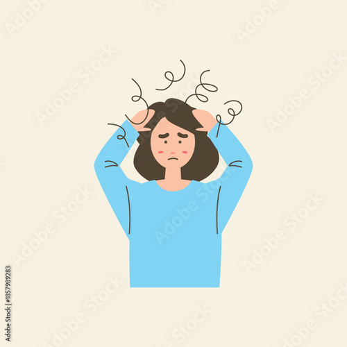 Stressed young woman holding her head with messy scribbles above, representing anxiety, headache, migraine, and mental health issues in flat vector style