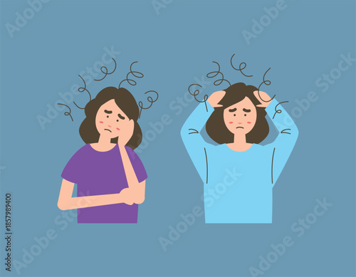 Vector illustration of a stressed woman with tangled thoughts, representing mental health issues, anxiety, depression, and emotional burnout