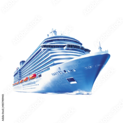 A large cruise ship sailing through calm waters viewed from the side with a clear blue sky in the background