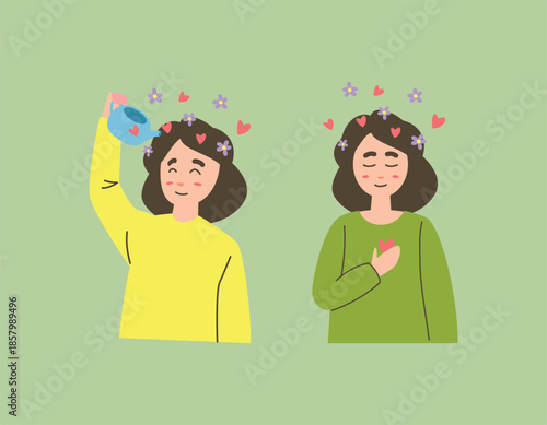 Vector illustration of a woman watering her mind with flowers and hearts, symbolizing self-care, mental wellness, growth, and positive thinking