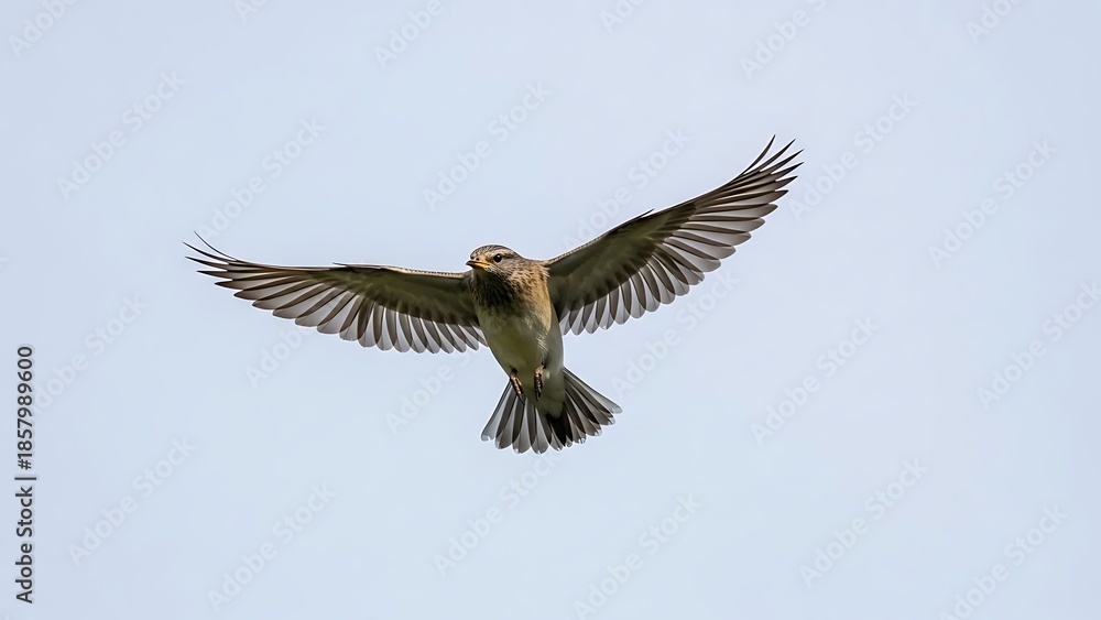 Fototapeta premium A small bird with light brown and white feathers captured mid-flight against a pale blue sky with its wings spread wide