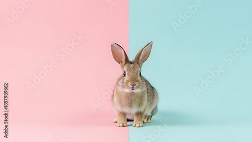 A Small Brown Rabbit Sits Against A Pink And Blue Background