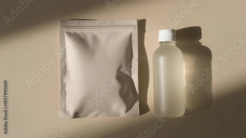 Minimalist Skincare Packaging with Pouch and Bottle on Beige Background with Sunlight Shadows. 4k Beauty Footage Video