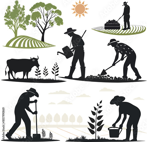 Farmers tending to crops and livestock under a sunlit sky farming agriculture