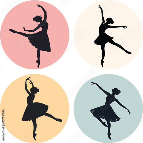 Four black silhouette ballerinas in graceful poses on pastel colored circles ballet dancer dance