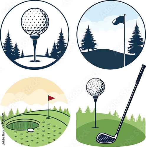 Four golf themed circular illustrations with golf balls tees flags and trees golf tee golf club