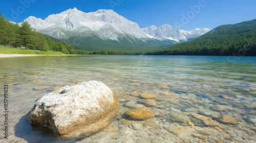 Clear Blue Lake Surrounded by Majestic Snow-Capped Mountains on a Sunny Day in Nature