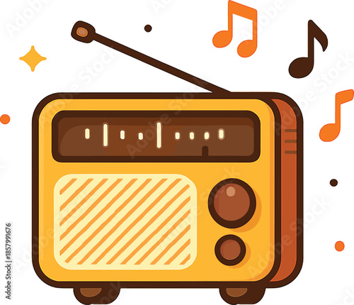 Retro yellow radio with musical notes and sparkles vintage sound
